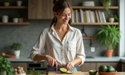 Femme tranchant un avocat dans une cuisine moderne
