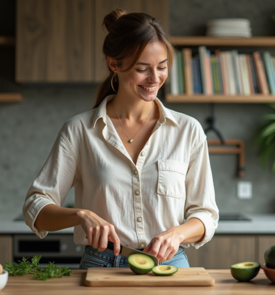 Femme tranchant un avocat dans une cuisine moderne