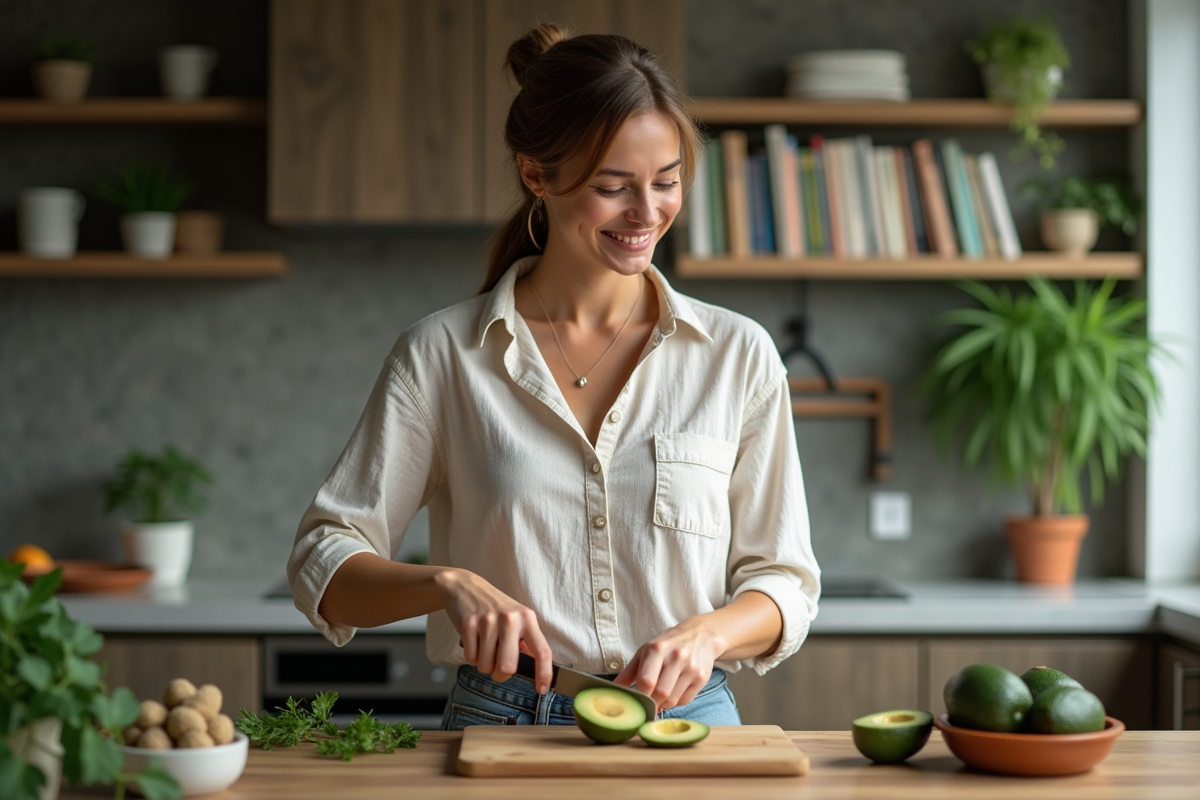 Femme tranchant un avocat dans une cuisine moderne