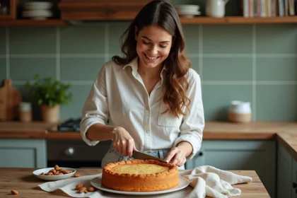 Femme souriante tranchant un gâteau aux amandes dans la cuisine