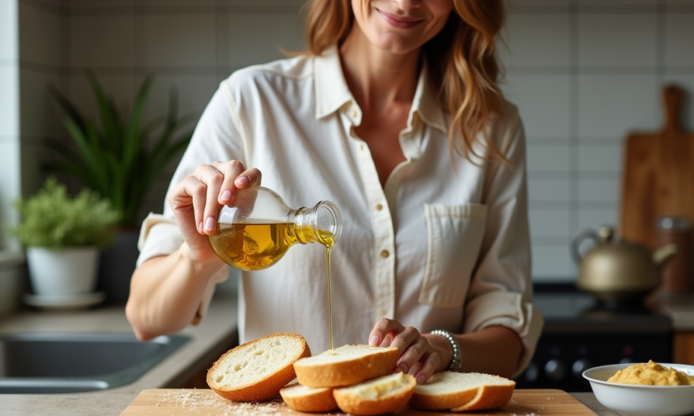 Femme tranchant du pain rustique avec huile d'olive dans la cuisine