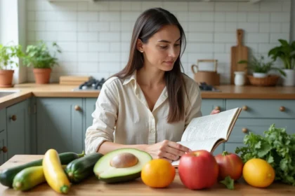 Femme examine fruits et légumes Z dans une cuisine lumineuse