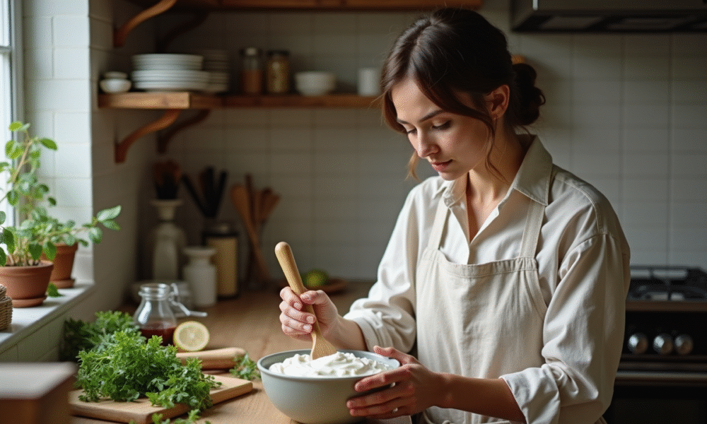 Femme en cuisine préparant un yogourt fait maison