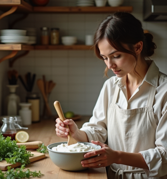 Femme en cuisine préparant un yogourt fait maison