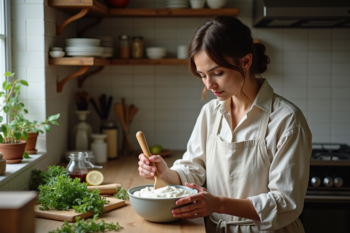 Femme en cuisine préparant un yogourt fait maison