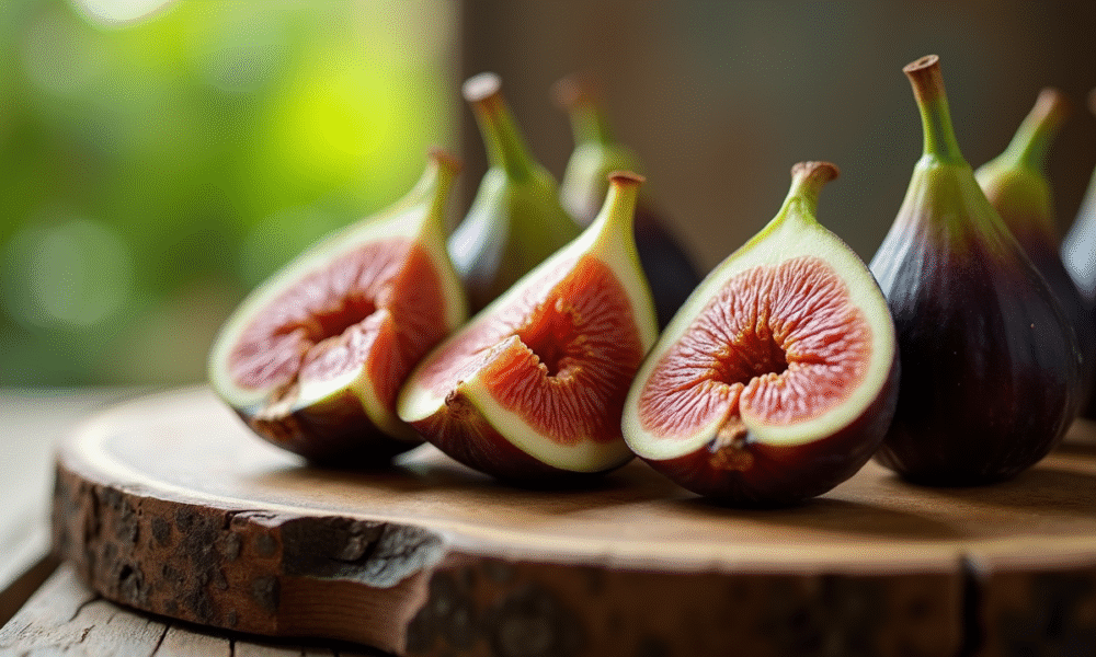 Figues fraîches tranchées sur planche en bois rustique