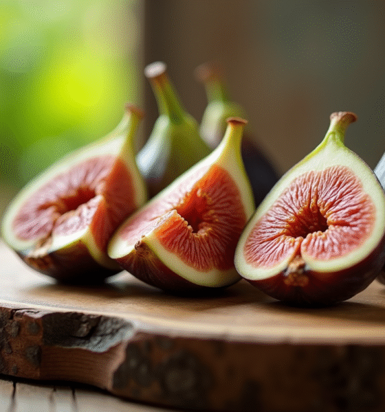 Figues fraîches tranchées sur planche en bois rustique