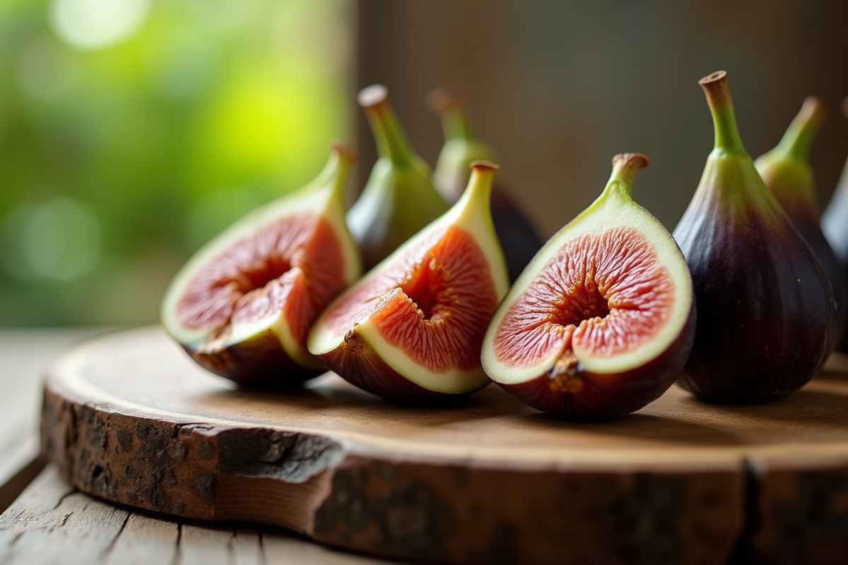 Figues fraîches tranchées sur planche en bois rustique