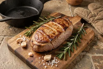 Filet mignon de porc doré au four sur une planche en bois avec romarin frais et ail, vue de dessus