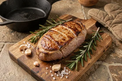 Filet mignon de porc doré au four sur une planche en bois avec romarin frais et ail, vue de dessus