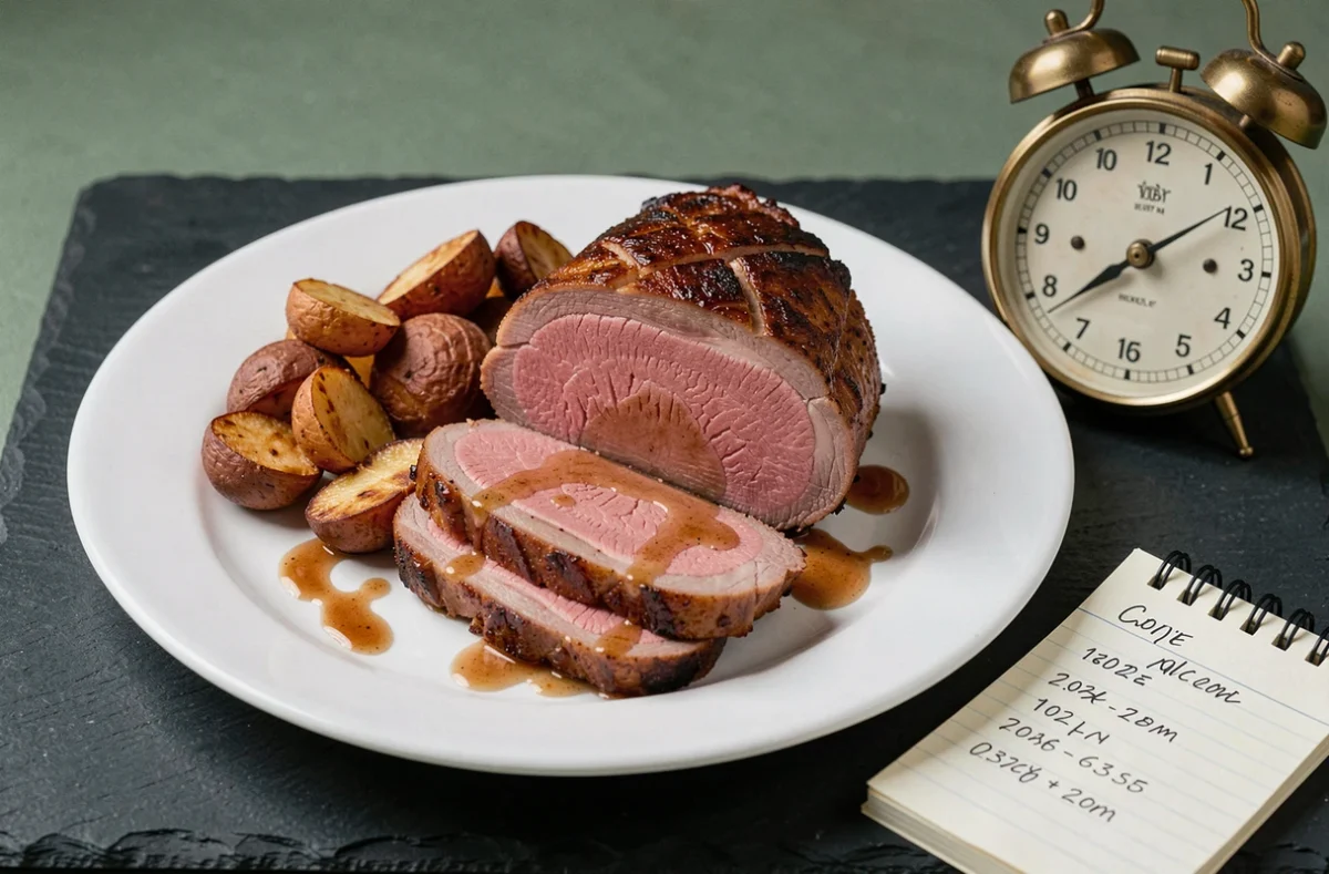 Filet mignon tranché au four avec intérieur rosé et juteux, minuteur analogique et temps de cuisson notés à côté