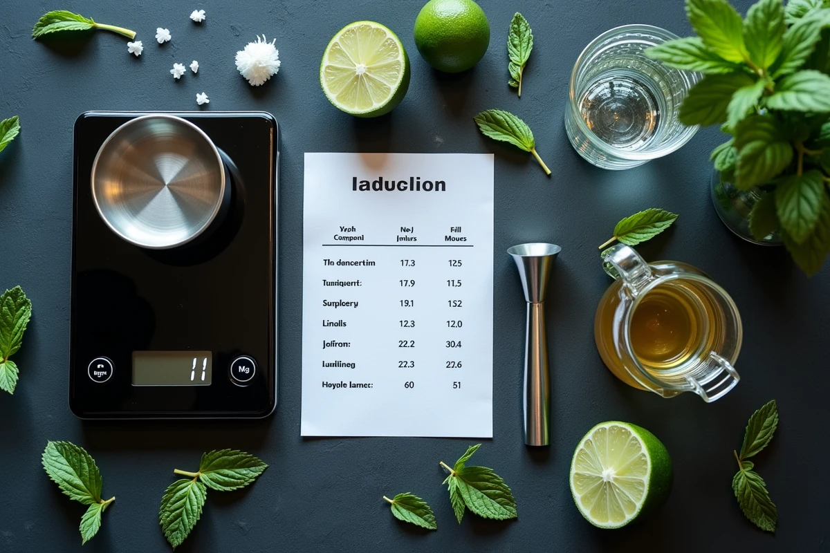 Vue de dessus d'un set de dosage pour cocktails avec balance numérique, jigger et tableau de conversion grammes en millilitres