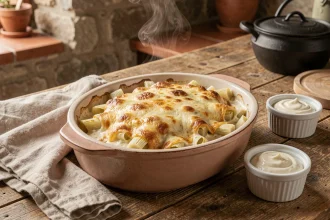 Fondue de poireaux gratinée au fromage dorée et fondante servie dans un plat en céramique rustique sur une table en chêne dans une cuisine campagnarde française