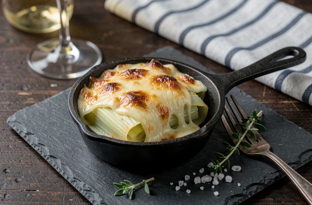 Gros plan d'une fondue de poireaux gratinée individuelle dans une mini-cocotte en fonte sur une ardoise avec thym frais et sel de mer, ambiance bistrot français