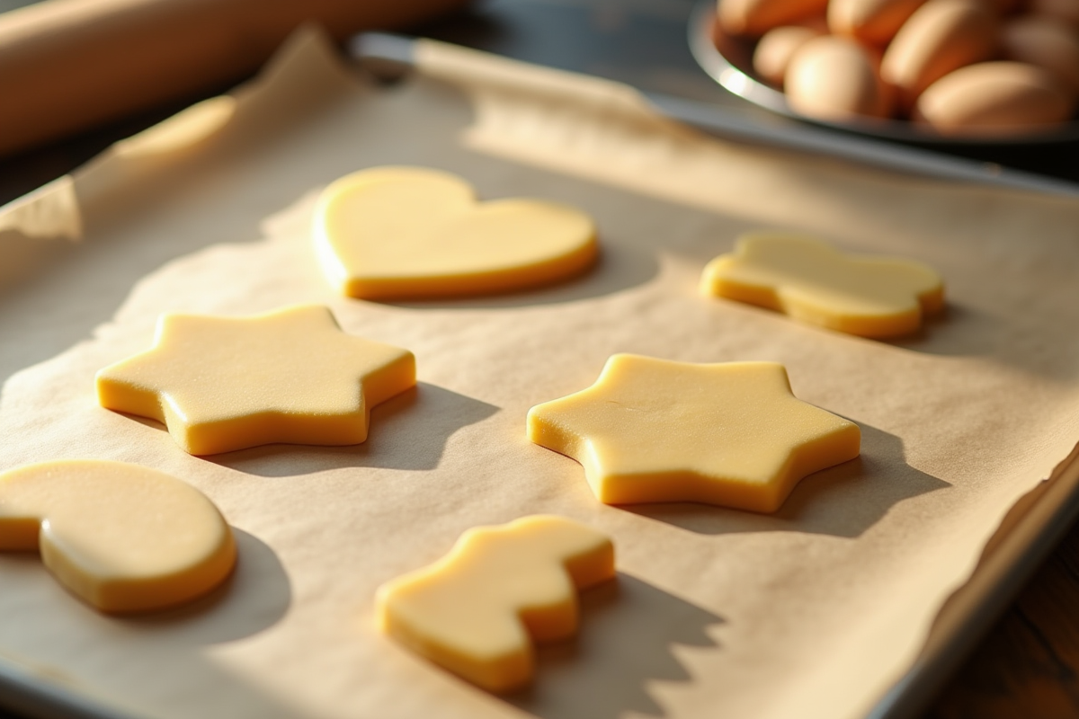 Formes de marzipan sur papier cuisson dans une cuisine ensoleillee
