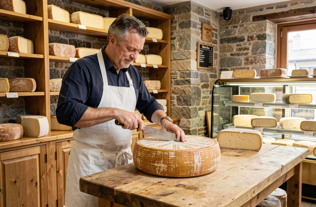 Fromager découpant une meule de Beaufort affiné dans une fromagerie artisanale savoyarde