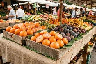 Étal de marché rustique présentant des fruits exotiques commençant par la lettre I, comme les figues indiennes et les mandarines impériales