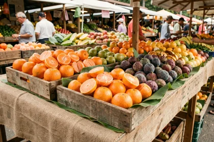 Étal de marché rustique présentant des fruits exotiques commençant par la lettre I, comme les figues indiennes et les mandarines impériales