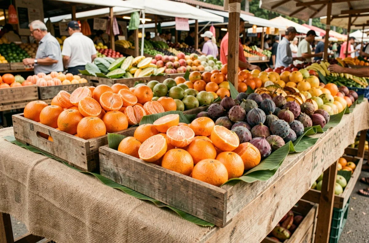 Étal de marché rustique présentant des fruits exotiques commençant par la lettre I, comme les figues indiennes et les mandarines impériales