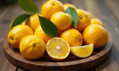 Fruits rares yuzu passion jaune et yamamomo sur table en bois