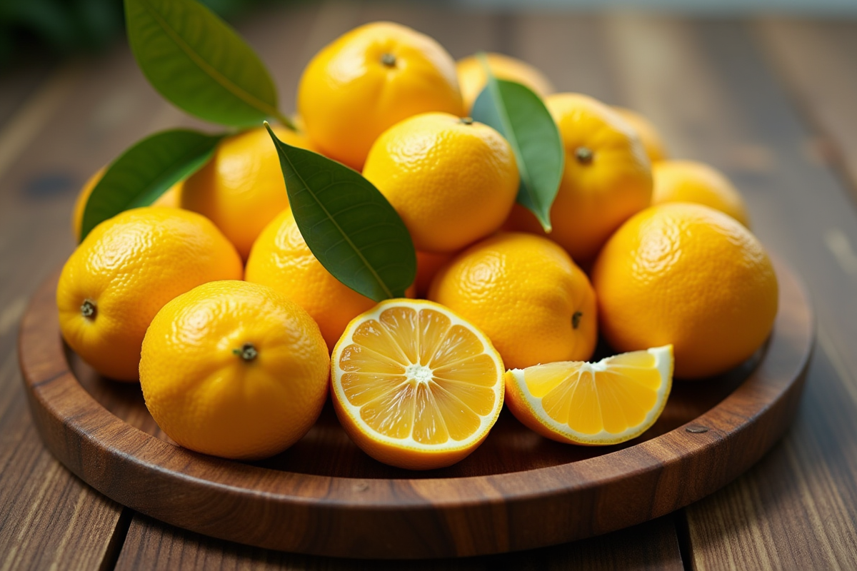 Fruits rares yuzu passion jaune et yamamomo sur table en bois