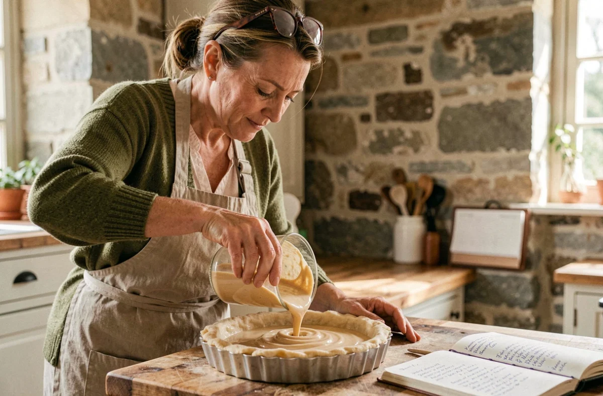 Femme versant de la crème d'amande dans un fond de tarte cru pour réaliser un amandin maison dans une cuisine de campagne