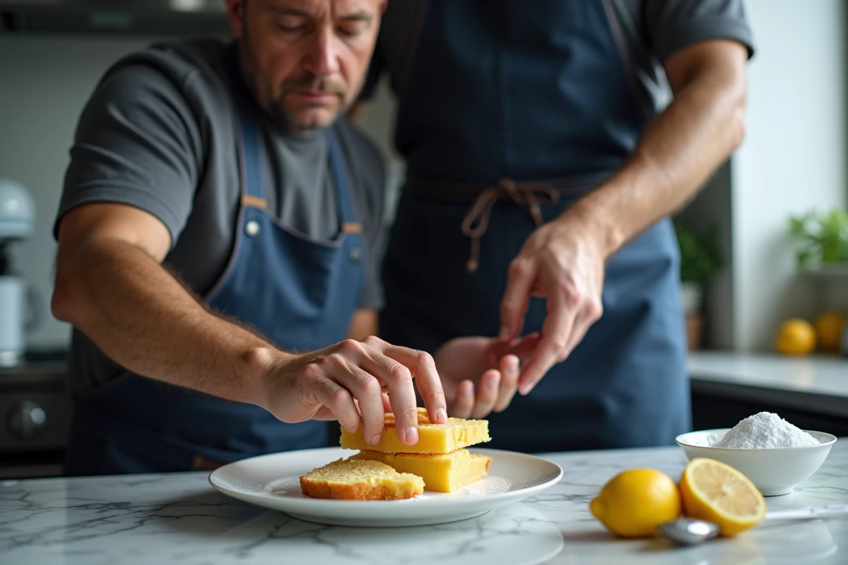 Homme en tablier dressant des tranches de gâteau au citron express sur une assiette blanche dans une cuisine moderne avec plan de travail en marbre