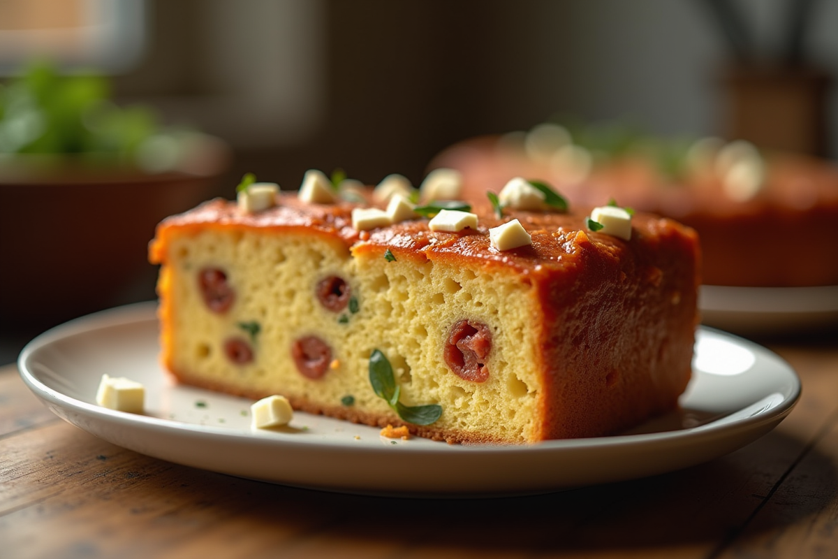 Gâteau entier avec morceaux de chorizo et feta sur une assiette moderne