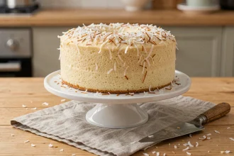 Gâteau de noix de coco léger et aérien posé sur un présentoir en céramique blanche, saupoudré de flocons de noix de coco grillés, sur une table en bois clair