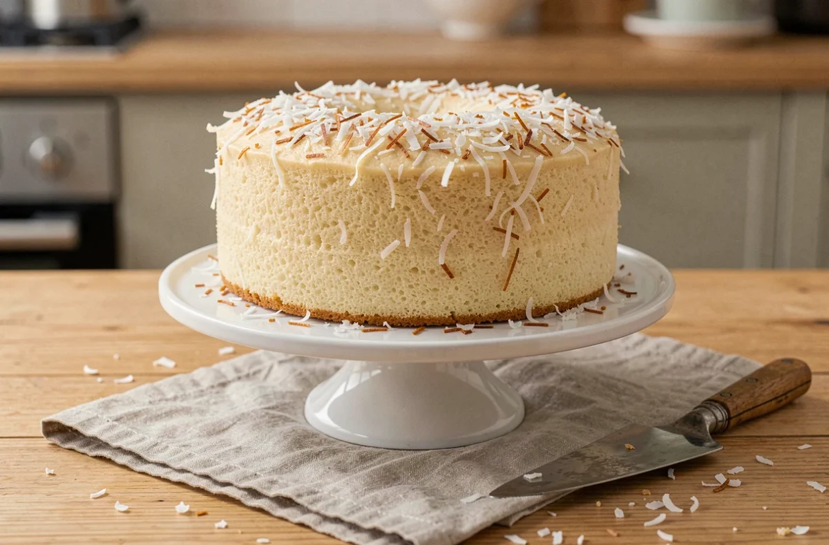 Gâteau de noix de coco léger et aérien posé sur un présentoir en céramique blanche, saupoudré de flocons de noix de coco grillés, sur une table en bois clair