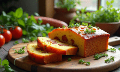 Gâteau salé au chorizo tranché sur une planche en bois