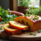 Gâteau salé au chorizo tranché sur une planche en bois