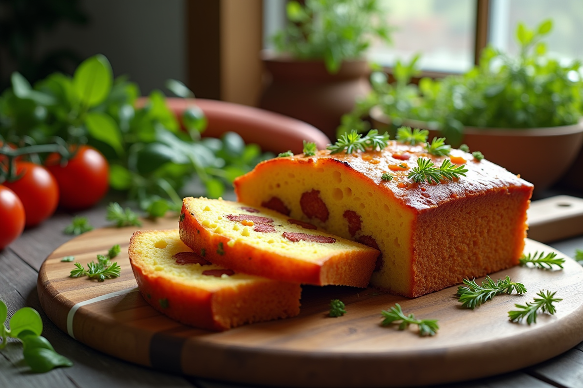 Gâteau salé au chorizo tranché sur une planche en bois