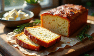 Gâteau tranché avec chorizo et feta sur une table en bois