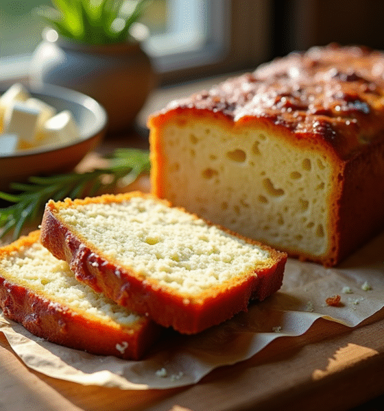 Gâteau tranché avec chorizo et feta sur une table en bois