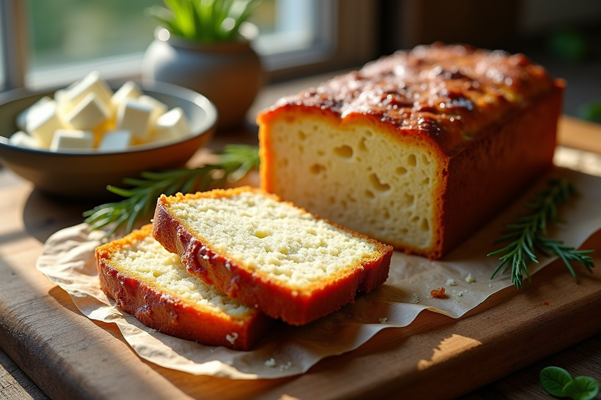 Gâteau tranché avec chorizo et feta sur une table en bois