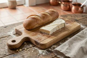 Gâteau trompe l'oeil réaliste décoré en planche à découper avec baguette et fromage en fondant sur une table en chêne rustique