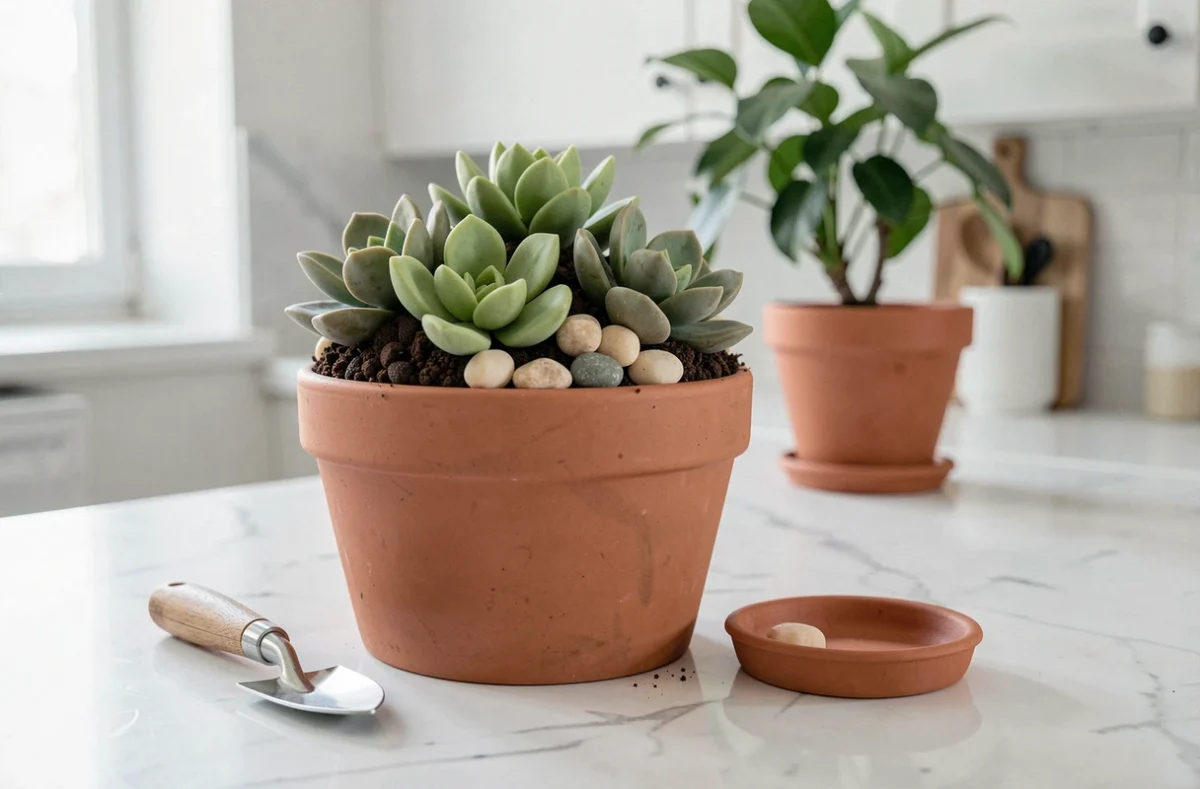 Gâteau trompe l'oeil décoré en pot de fleurs avec succulentes en fondant et terreau en chocolat posé sur un plan de travail en marbre blanc