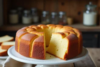 Gâteau au yaourt moelleux posé sur un présentoir en céramique blanche sur une table en bois rustique