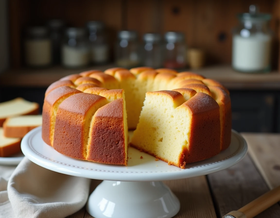 Gâteau au yaourt moelleux posé sur un présentoir en céramique blanche sur une table en bois rustique