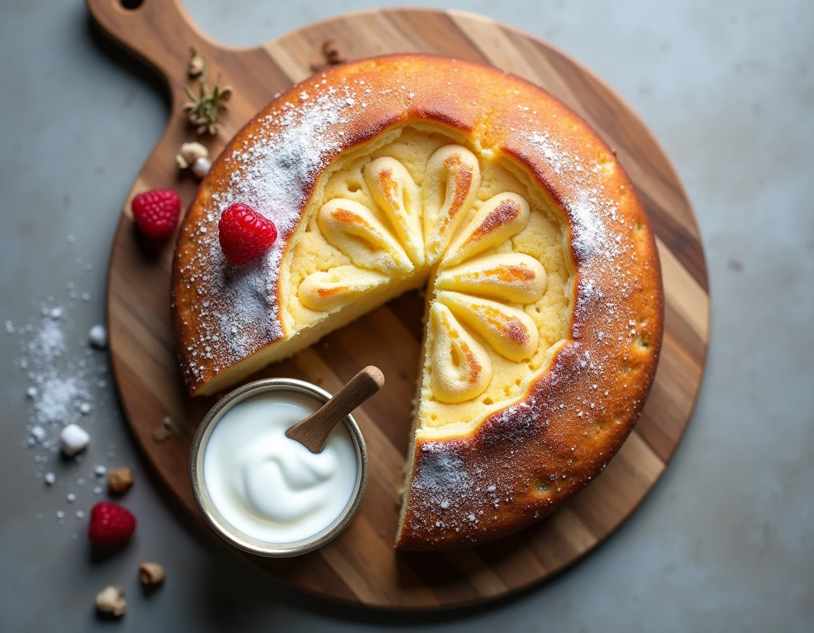 Vue de dessus d'un gâteau au yaourt tranché sur une planche en bois avec des framboises fraîches