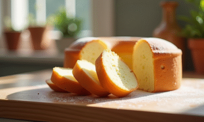 Gâteau joconde tranché sur plan de travail en bois