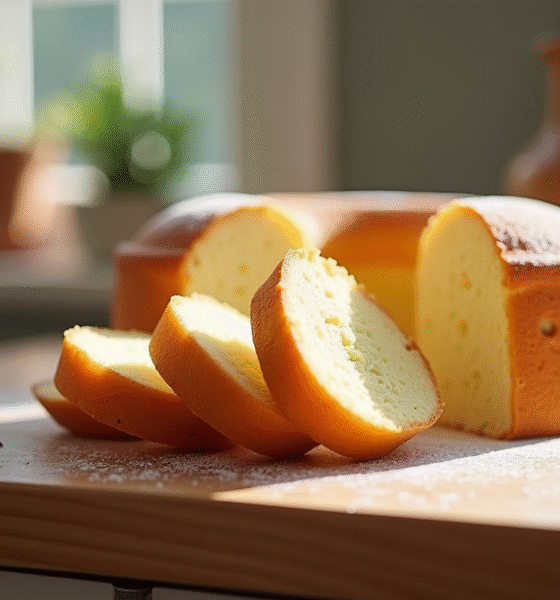 Gâteau joconde tranché sur plan de travail en bois