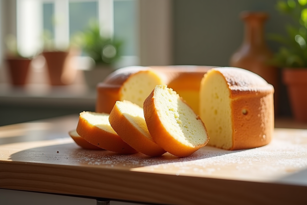 Gâteau joconde tranché sur plan de travail en bois