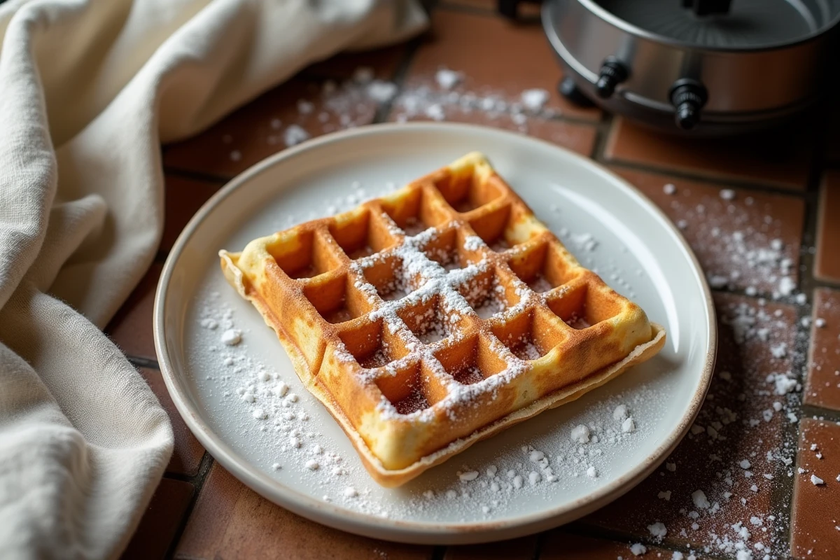 Gaufre croustillante maison dorée sur assiette en céramique blanche saupoudrée de sucre glace, cuisine rustique en bois