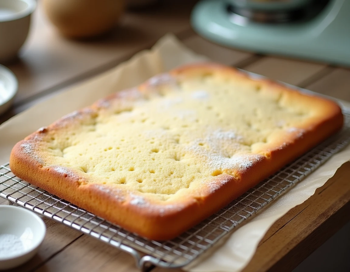 Génoise bûche dorée refroidissant sur une grille après cuisson, prête à être roulée