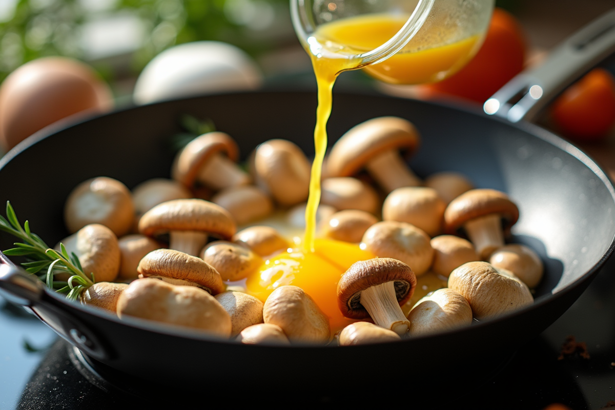 Girolles en cuisson avec œufs dans une cuisine lumineuse