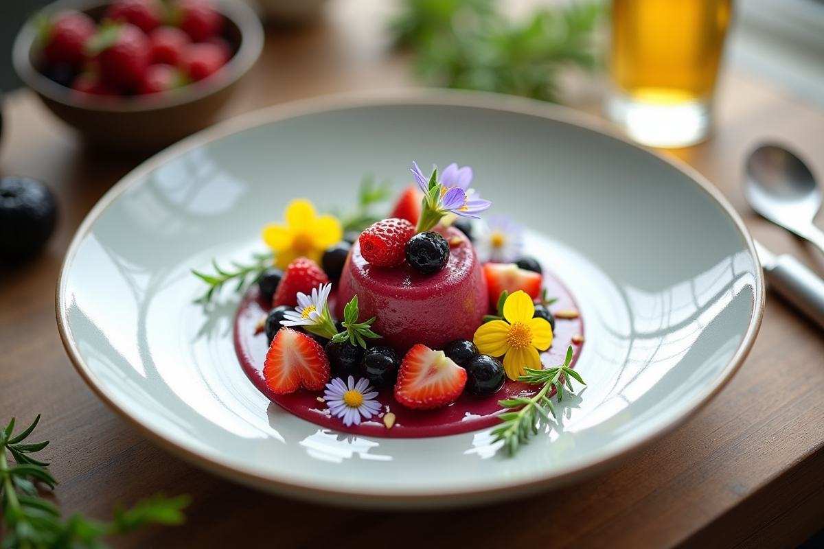 Assiette élégante de mûroises garnie de fines herbes et fleurs