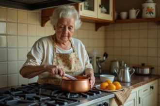 Grand-mère préparant une pâte pâtissière à l'ancienne dans une casserole en cuivre sur une cuisinière vintage