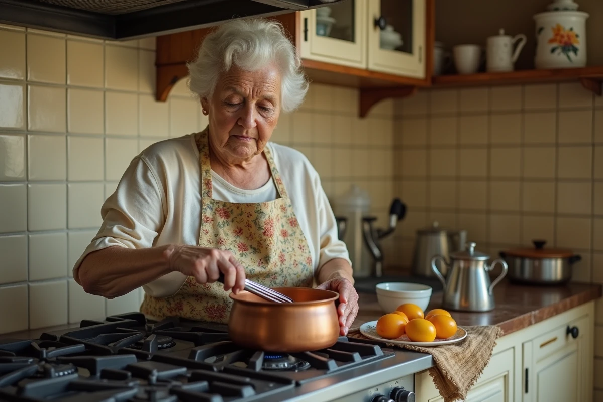 Grand-mère préparant une pâte pâtissière à l'ancienne dans une casserole en cuivre sur une cuisinière vintage